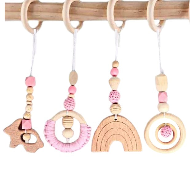 Wooden hanging baby toy sets PINK RAIN (4 piece)