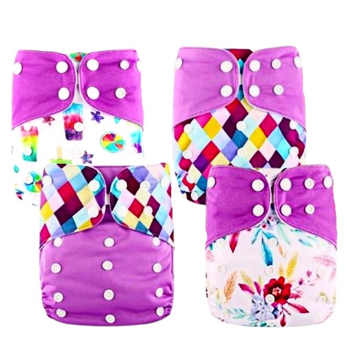 Cloth nappy & insert bundle (4 nappies & 4 bamboo charcoal inserts) in PURPLE PARADISE