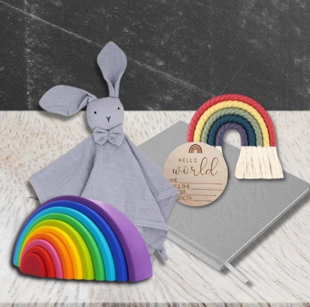 Gift set - Baby book, Silicone rainbow, small macrame rainbow, comforter, hello world